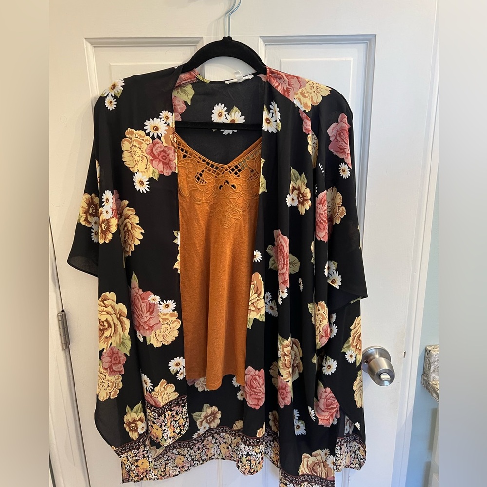 Spaghetti strap shirt and light weight kimono cardigan